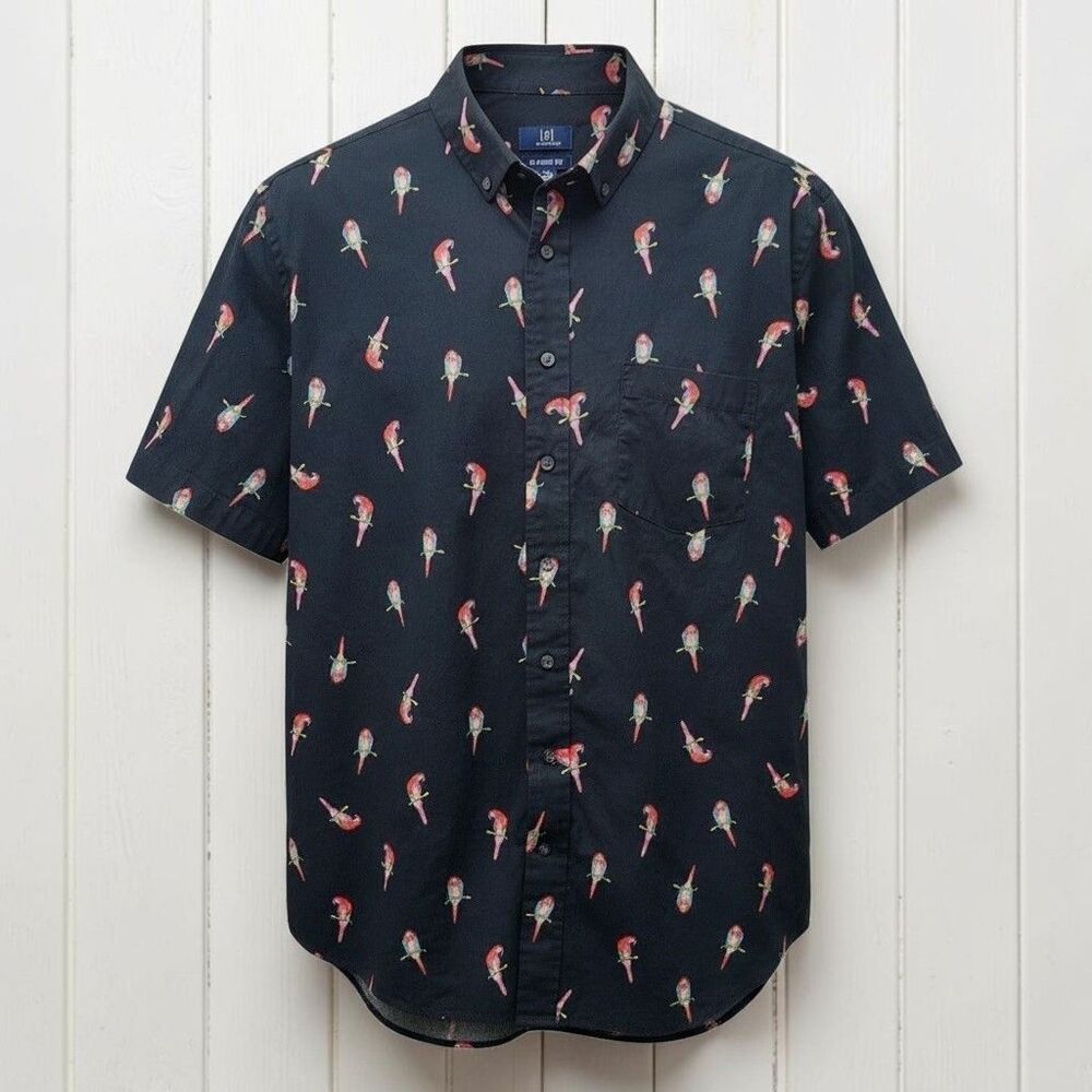 George Classic Fit Poplin Shirt Mens 2XL 50-52 Black Tropical Macaw Parrots